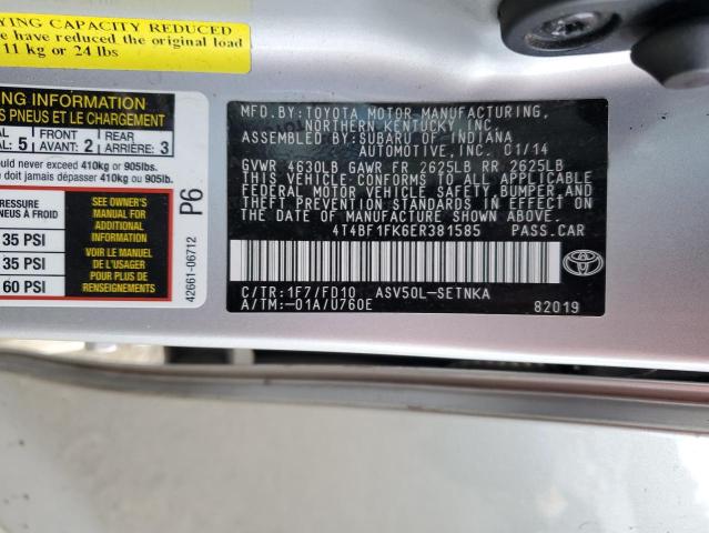 4T4BF1FK6ER381585 - 2014 TOYOTA CAMRY L SILVER photo 12