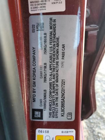 KL8CB6SA2NC017221 - 2022 CHEVROLET SPARK LS CRIMSON photo 12