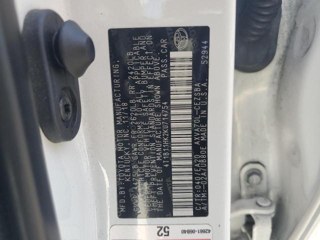4T1B11HK2KU714754 - 2019 TOYOTA CAMRY L WHITE photo 12