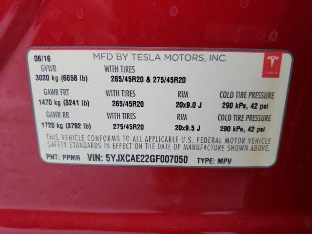 5YJXCAE22GF007050 - 2016 TESLA MODEL X RED photo 13