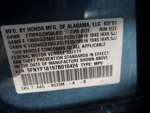 5FNYF18197B016424 - 2007 HONDA PILOT LX BLUE photo 13