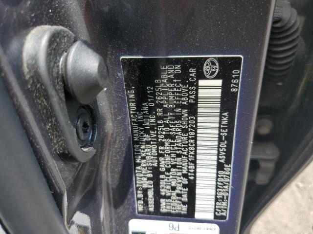 4T4BF1FK8CR187203 - 2012 TOYOTA CAMRY BASE ნაცრისფერი ფოტო 12