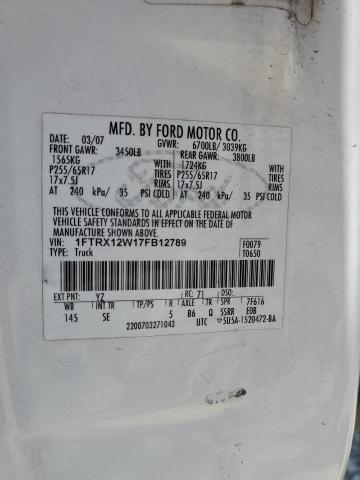 1FTRX12W17FB12789 - 2007 FORD F150 WHITE photo 12