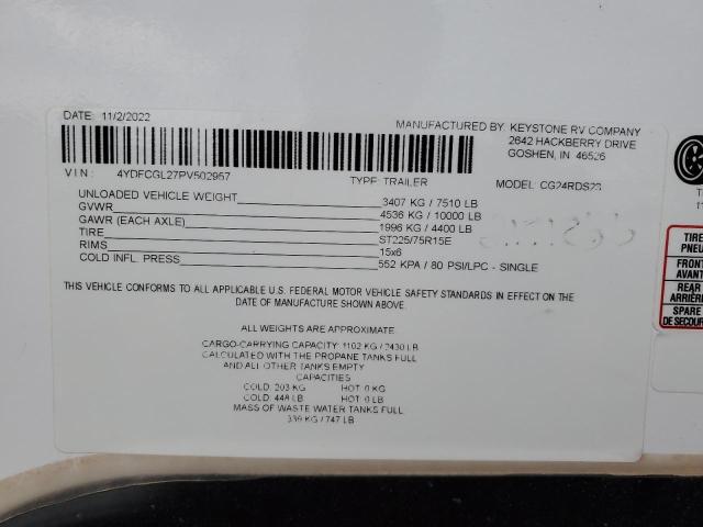 4YDFCGL27PV502957 - 2023 KEYSTONE COUGAR Ağ foto 10