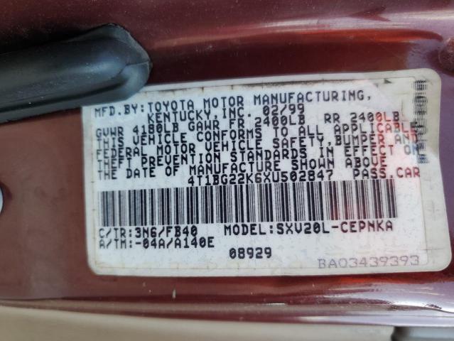 4T1BG22K6XU502847 - 1999 TOYOTA CAMRY CE BURGUNDY photo 12