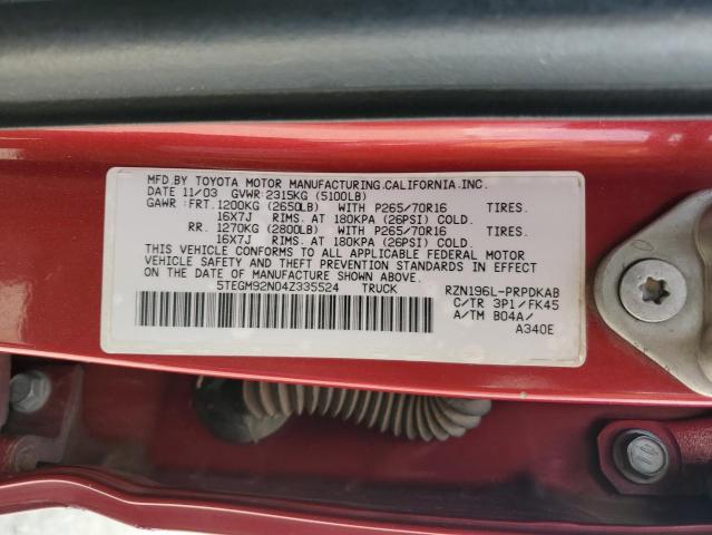 5TEGM92N04Z335524 - 2004 TOYOTA TACOMA DOUBLE CAB PRERUNNER RED photo 13