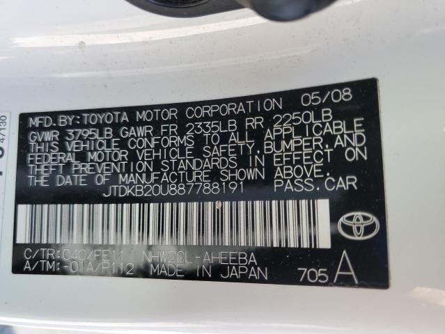 JTDKB20U887788191 - 2008 TOYOTA PRIUS Ақ фото 12