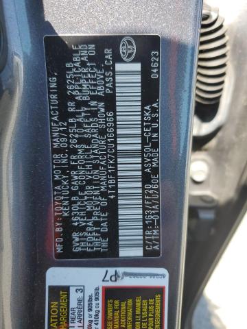 4T1BF1FK7CU166966 - 2012 TOYOTA CAMRY BASE GRAY photo 12