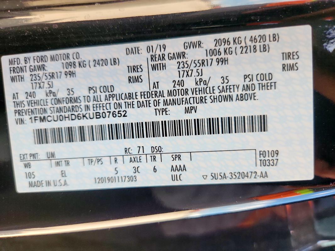 1FMCU0HD6KUB07652 - 2019 FORD ESCAPE SEL შავი ფოტო 13