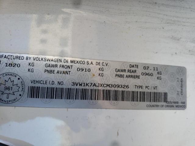 3VW1K7AJXCM309326 - 2012 VOLKSWAGEN JETTA BASE WHITE photo 10