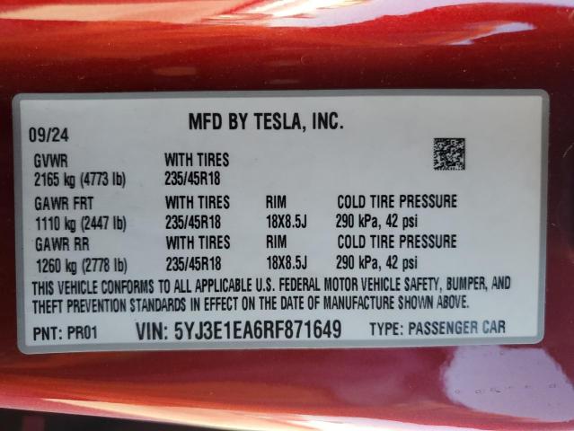 5YJ3E1EA6RF871649 - 2024 TESLA MODEL 3 წითელი ფოტო 12