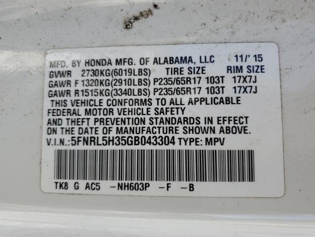 5FNRL5H35GB043304 - 2016 HONDA ODYSSEY SE WHITE photo 13