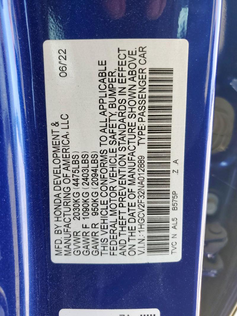 1HGCV2F32NA012889 - 2022 HONDA ACCORD SPORT Көк фото 24