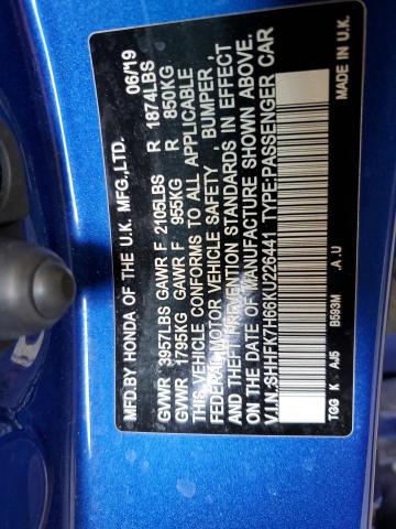 SHHFK7H66KU226441 - 2019 HONDA CIVIC EX BLUE photo 12