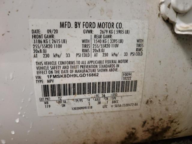 1FMSK8DH9LGD16862 - 2020 FORD EXPLORER XLT თეთრი ფოტო 14