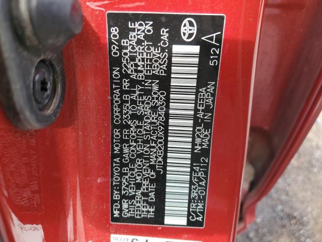 JTDKB20UX97840390 - 2009 TOYOTA PRIUS RED photo 12