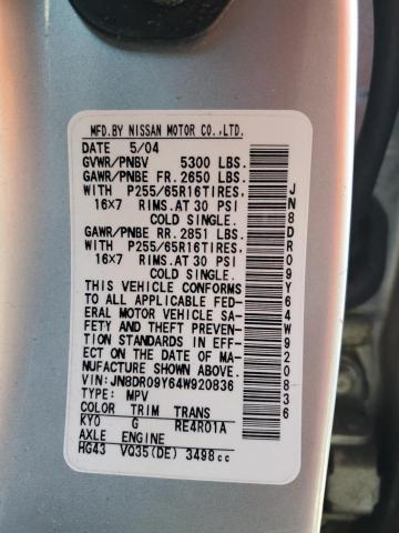 JN8DR09Y64W920836 - 2004 NISSAN PATHFINDER LE 银色 照片 10