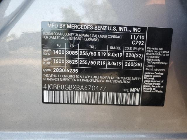 4JGBB8GBXBA670477 - 2011 MERCEDES-BENZ ML 350 4MATIC GRAY photo 13