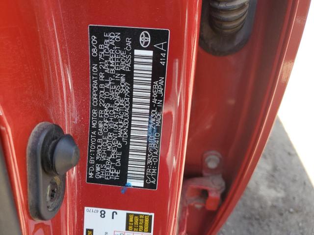 JTDKN3DUXA0047997 - 2010 TOYOTA PRIUS RED photo 12