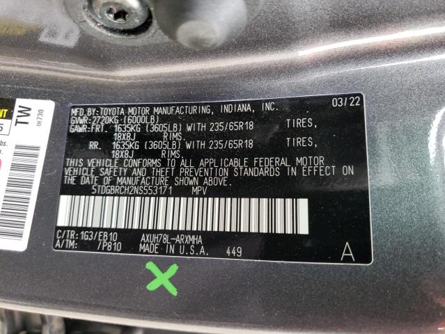 5TDGBRCH2NS553171 - 2022 TOYOTA HIGHLANDER HYBRID XLE GRAY photo 14