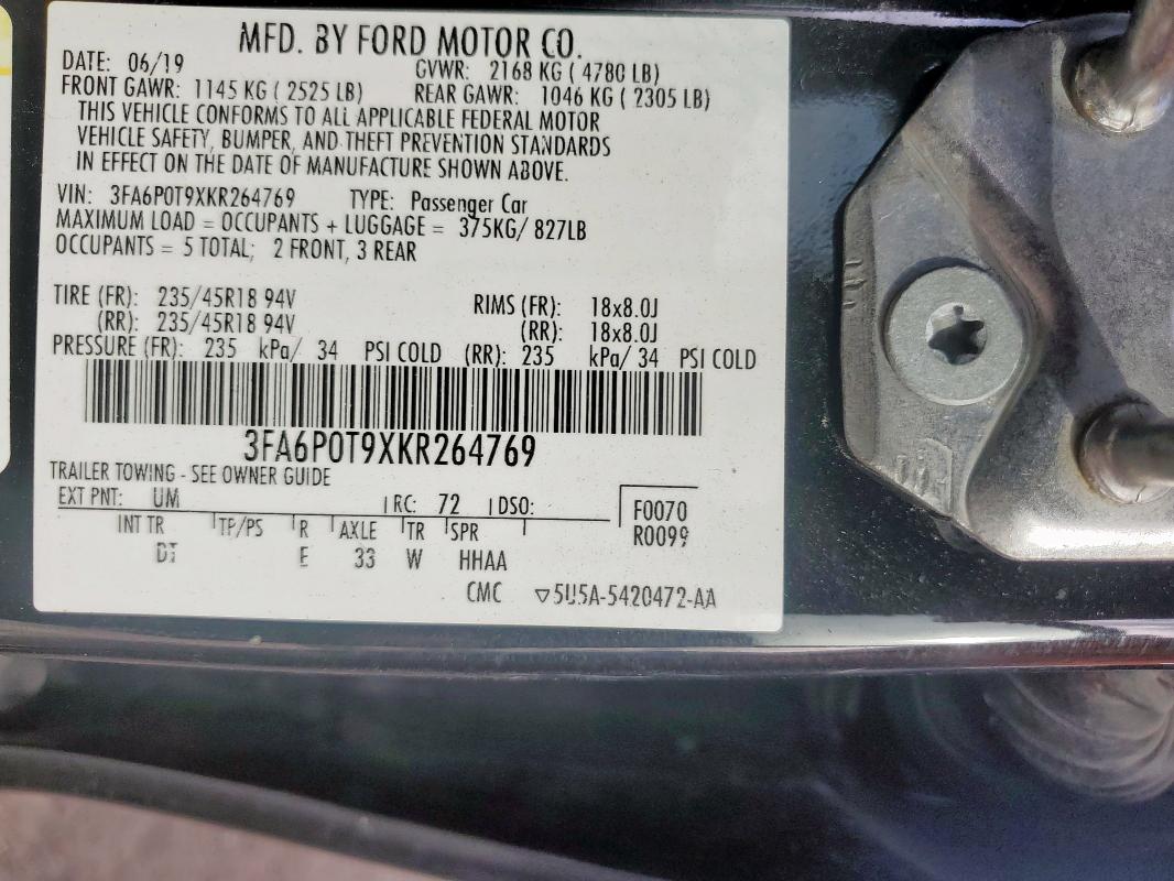 3FA6P0T9XKR264769 - 2019 FORD FUSION SE BLACK photo 13