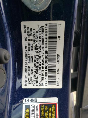 1HGFA46559L000204 - 2009 HONDA CIVIC GX BLUE photo 12