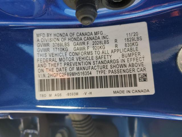 2HGFC2F89MH516354 - 2021 HONDA CIVIC SPORT 蓝色 照片 13
