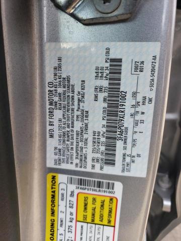 3FA6P0T9XLR191002 - 2020 FORD FUSION SE SILVER photo 12