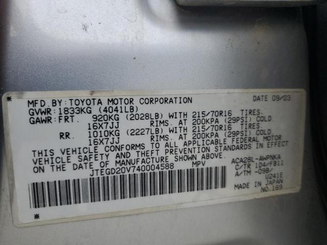 JTEGD20V740004588 - 2004 TOYOTA RAV4 SILVER photo 13