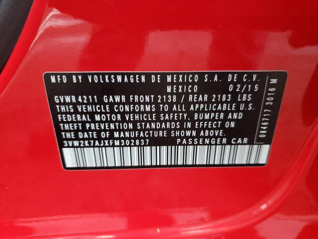 3VW2K7AJXFM302837 - 2015 VOLKSWAGEN JETTA BASE 红色 照片 12