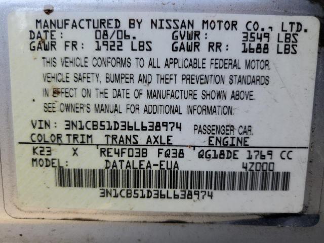 3N1CB51D36L638974 - 2006 NISSAN SENTRA 1.8 SILVER photo 12