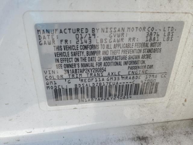 3N1AB7AP2KY290854 - 2019 NISSAN SENTRA S WHITE photo 13