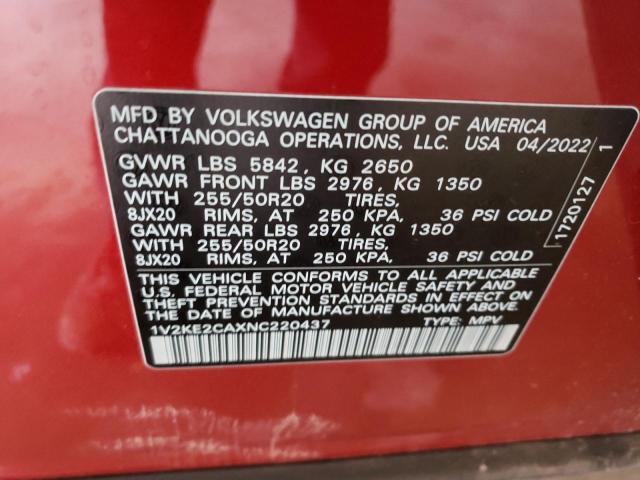 1V2KE2CAXNC220437 - 2022 VOLKSWAGEN ATLAS CROS SE Красный фото 14