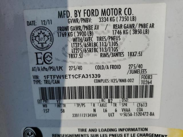 1FTFW1ET1CFA31339 - 2012 FORD F150 SUPERCREW WHITE photo 12