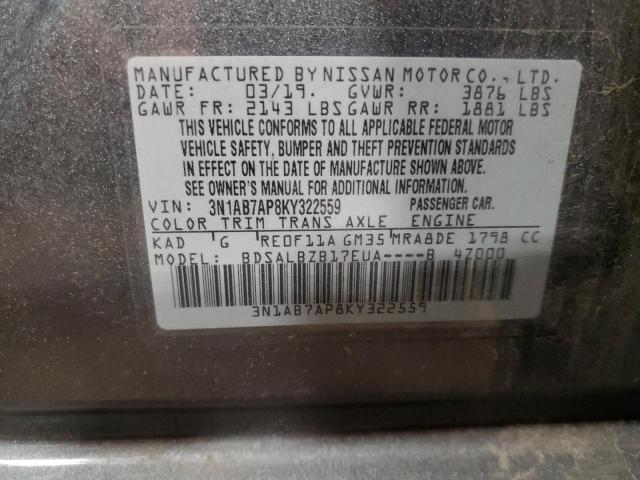 3N1AB7AP8KY322559 - 2019 NISSAN SENTRA S GRAY photo 12