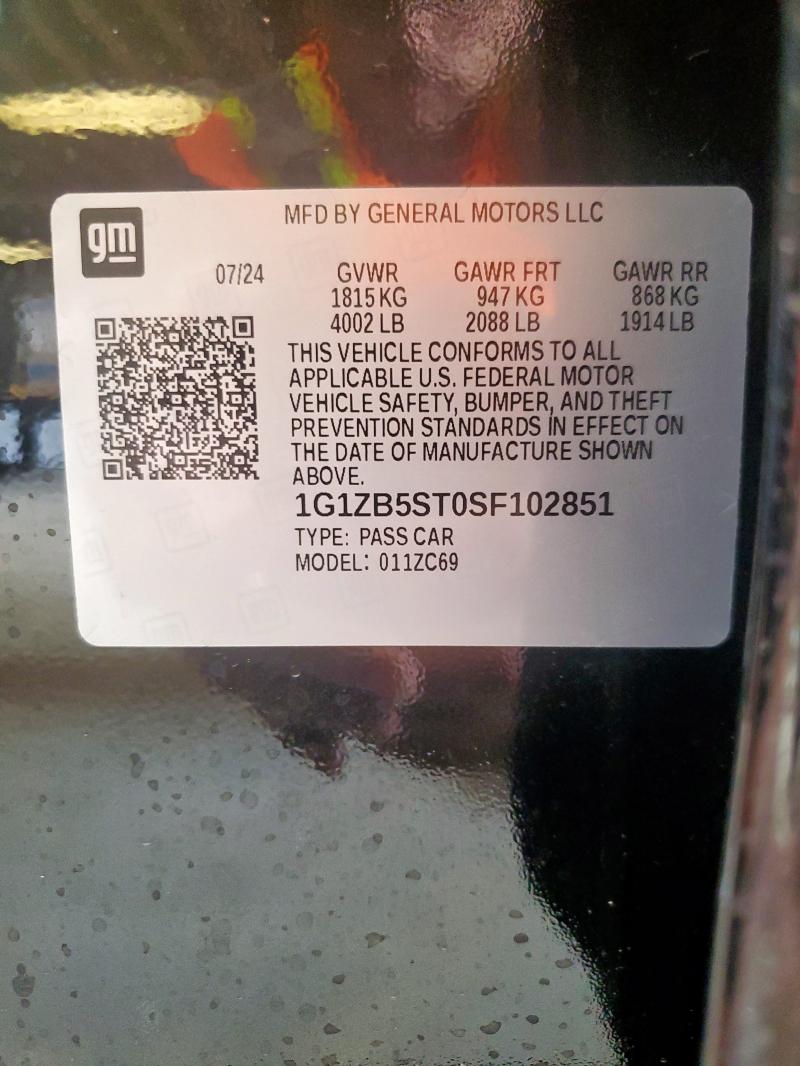 1G1ZB5ST0SF102851 - 2025 CHEVROLET MALIBU LS შავი ფოტო 12