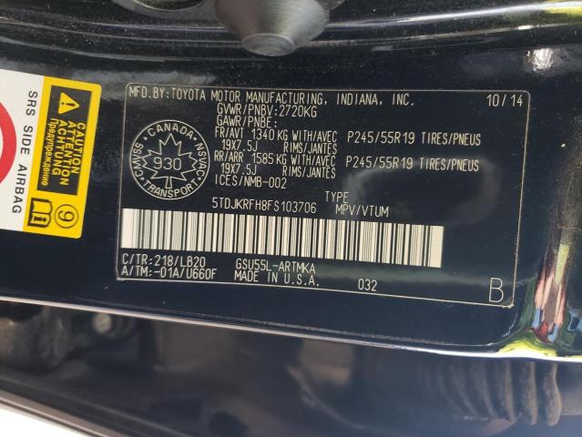 5TDJKRFH8FS103706 - 2015 TOYOTA HIGHLANDER XLE BLACK photo 14