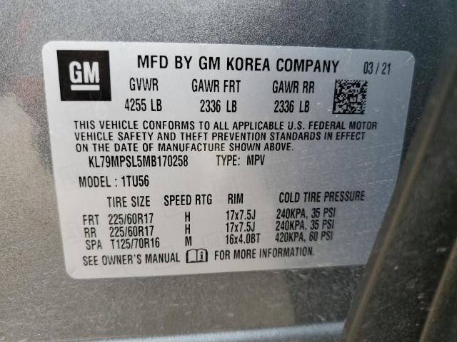 KL79MPSL5MB170258 - 2021 CHEVROLET TRAILBLAZE LT GRAY photo 10