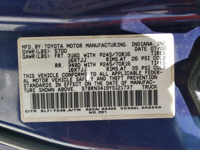 5TBRN3419YS121737 - 2000 TOYOTA TUNDRA ACCESS CAB SR5 BLUE photo 12