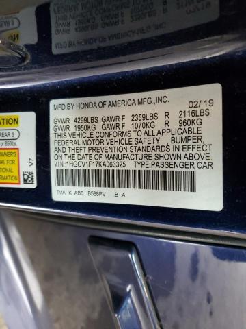 1HGCV1F17KA063325 - 2019 HONDA ACCORD LX BLUE photo 12