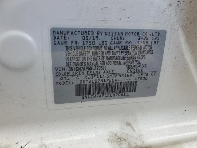 3N1CN7AP6KL870511 - 2019 NISSAN VERSA S თეთრი ფოტო 12