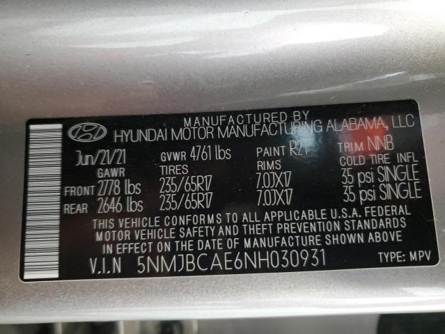 5NMJBCAE6NH030931 - 2022 HYUNDAI TUCSON SEL SILVER photo 13