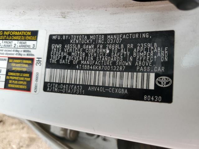 4T1BB46K87U013287 - 2007 TOYOTA CAMRY HYBRID WHITE photo 13