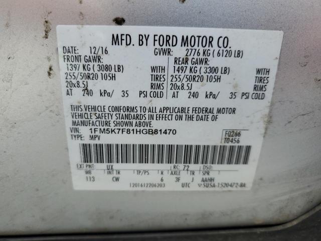 1FM5K7F81HGB81470 - 2017 FORD EXPLORER LIMITED SILVER photo 14