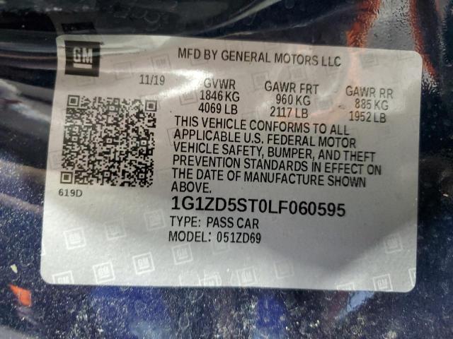 1G1ZD5ST0LF060595 - 2020 CHEVROLET MALIBU LT Көк фото 12