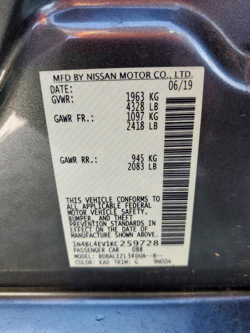 1N4BL4EV1KC259728 - 2019 NISSAN ALTIMA SL ნაცრისფერი ფოტო 13