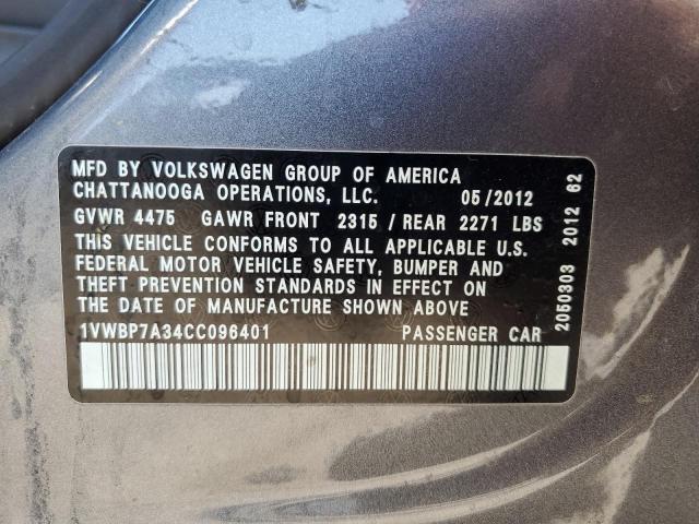 1VWBP7A34CC096401 - 2012 VOLKSWAGEN PASSAT SE GRAY photo 12