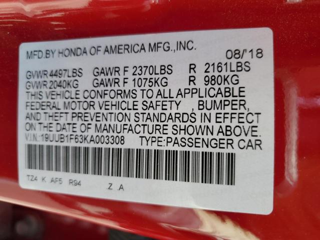 19UUB1F63KA003308 - 2019 ACURA TLX TECHNOLOGY RED photo 12