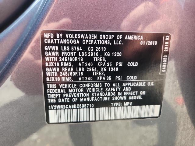 1V2WR2CA8KC535710 - 2019 VOLKSWAGEN ATLAS SE ნაცრისფერი ფოტო 12