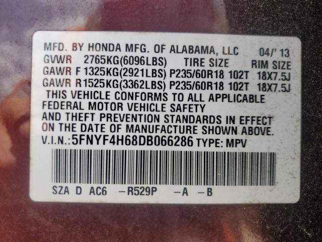 5FNYF4H68DB066286 - 2013 HONDA PILOT EXL Bordo foto 14